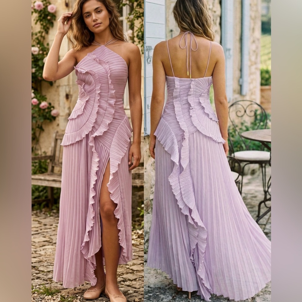 Lavender Ruffle Pleated Maxi Dress - Spaghetti Strap One-Shoulder